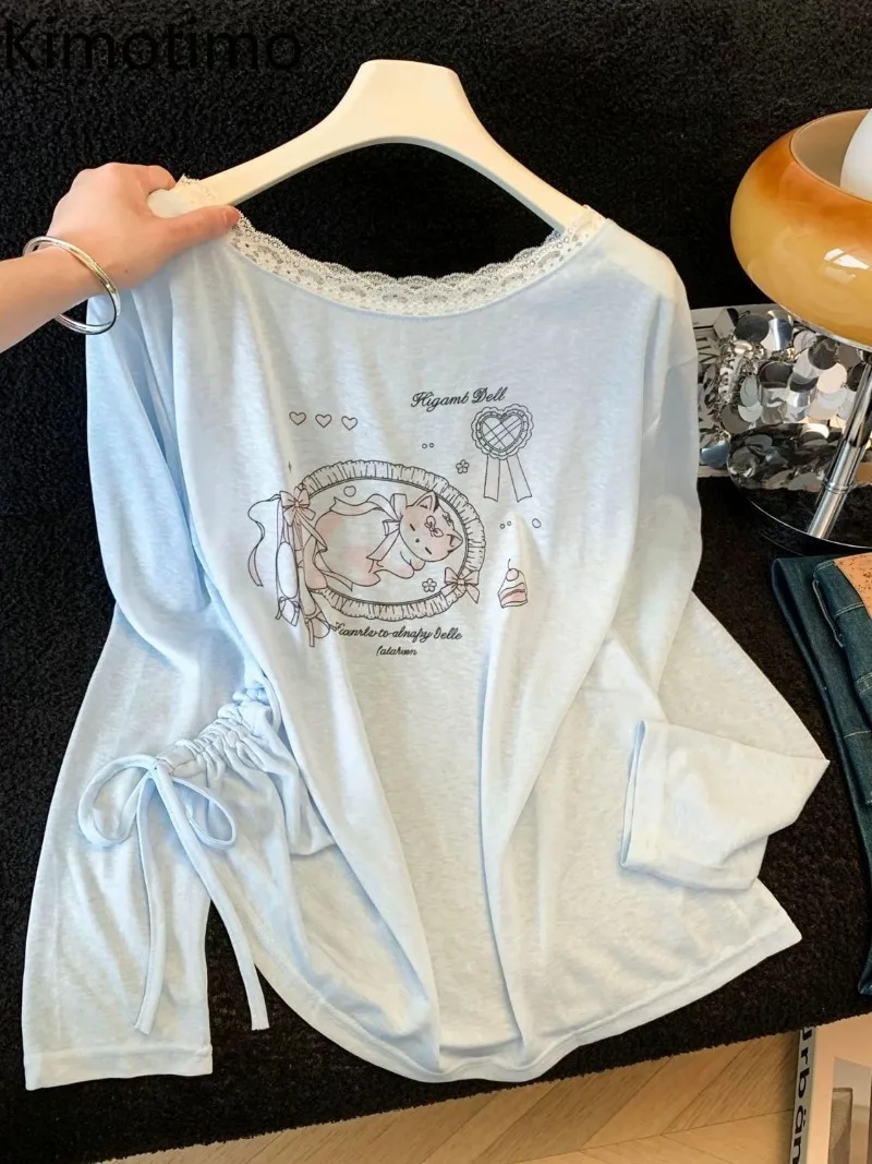 Kimotimo Cute Cartoon Printed Drawstring Long Sleeve T-shirts Women Summer Thin Loose Spliced Lace Tops Simple Casual Y2k Tees