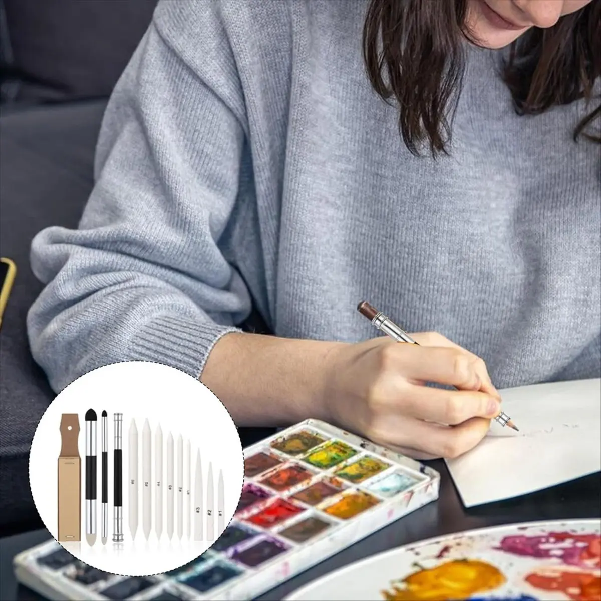 A74U 13PCS Blending Stump, Art Blenders with Blending Sponge Pens and Sandpaper Pencil Sharpener Blending Sticks for Drawing