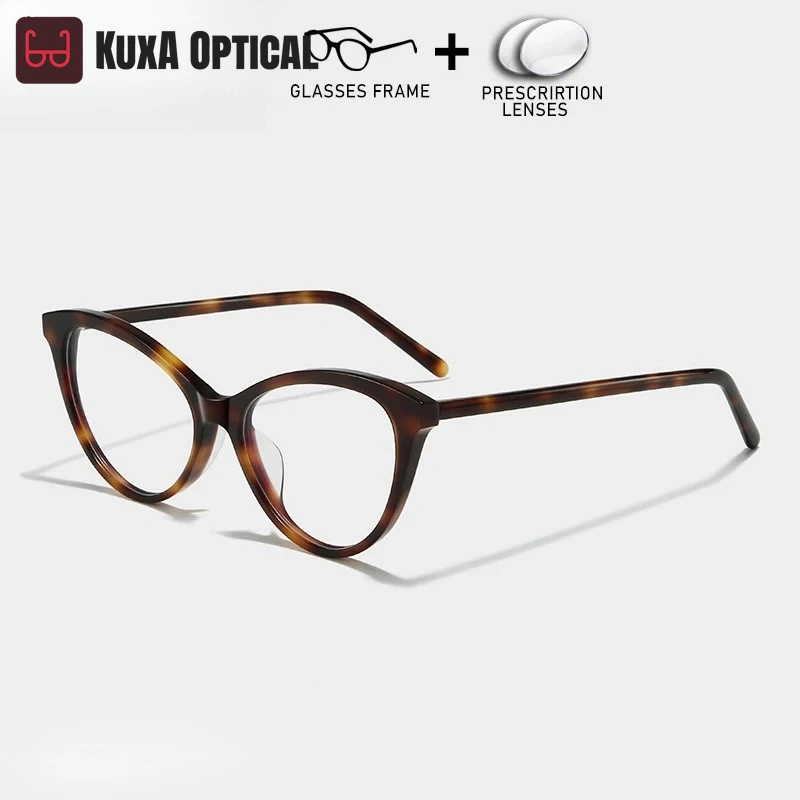 

KUXA Women Acetate Cat Eye Optical Eyewear With Prescription Myopia Progressiv Lenses Scratch Resistant Eyeglasses Custom Recipe