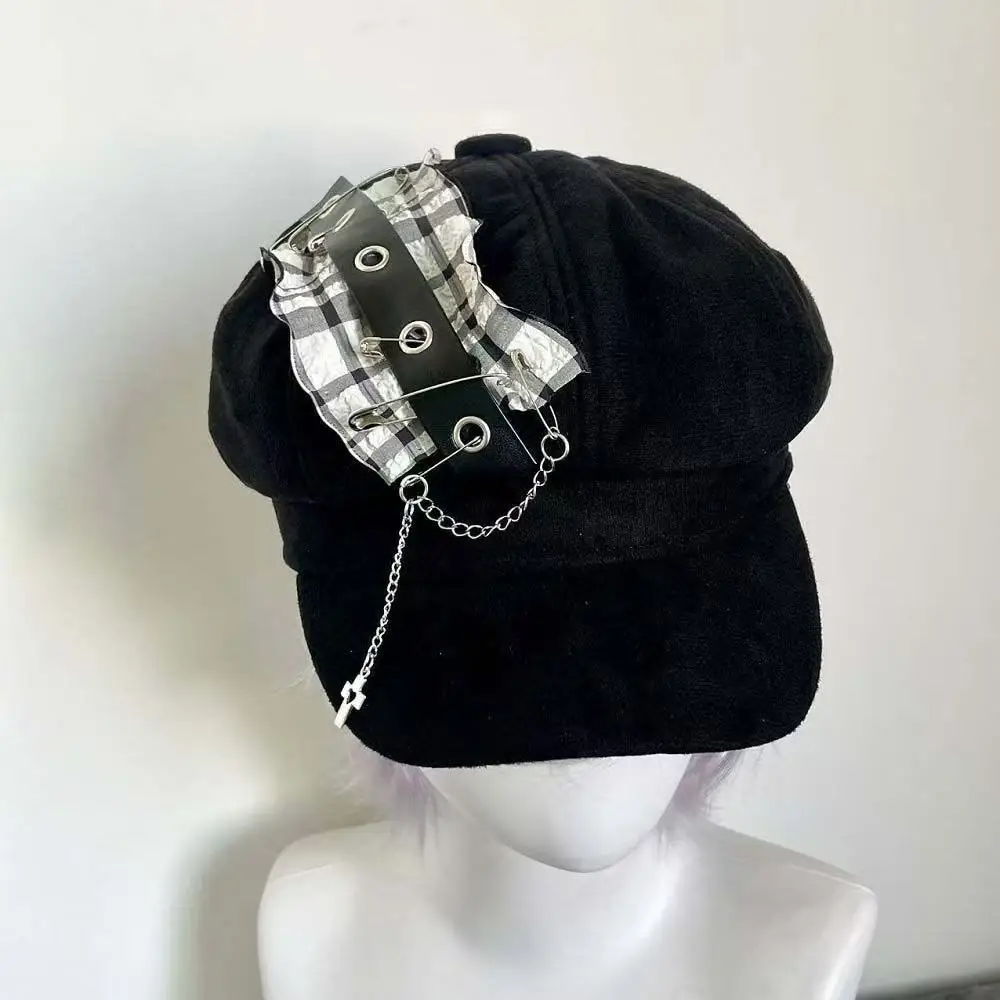 Punk Gothic Black White Plaid Ruffle Newsboy Octagonal Hat Cross Ornament Belt Eyelet Chain Accent Alt Street Fashion Beret Cap