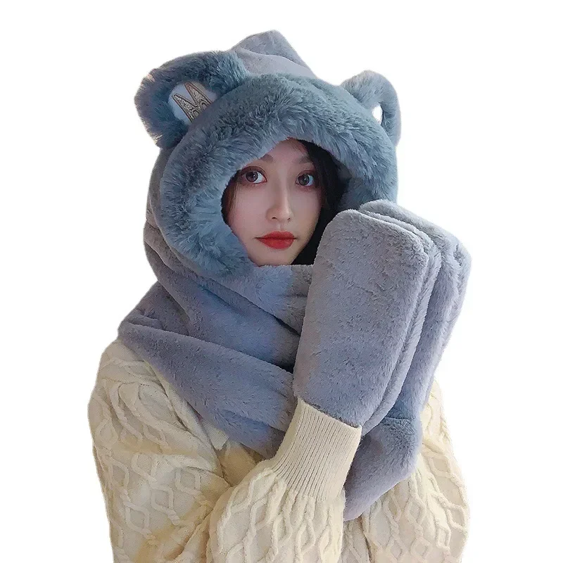 Bear Hat Scarf Big Bear Ear Scarf Hat One Female Winter Cute Plush Scarf Warm Thick Hat