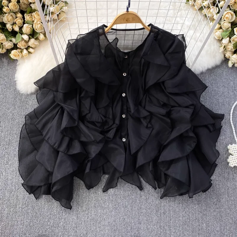 Girocollo irregolare bordo volant manica lunga camicia monopetto allentata francese dolce delicato camicette casual Femme Blusas