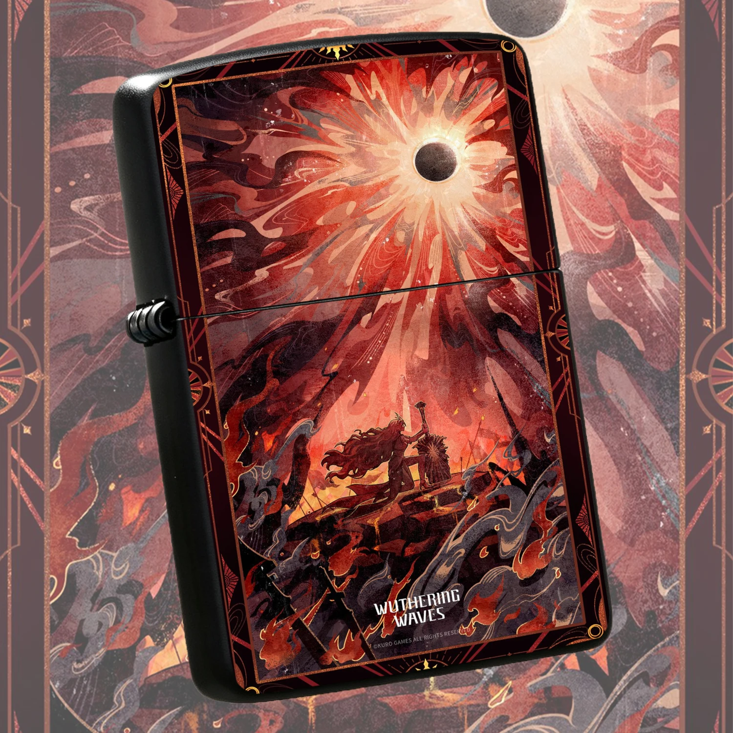 Wuthering Waves Tarot Style Solar Eclipse Themed Lighter Retro Gold Foil Art Pattern Windproof PORTABLE Lighter Game Peripheral Collectible Unique Stylish Desktop Decor Practical Ignition TOOL For Festival Gifting Daily Use A Fun and Humorous