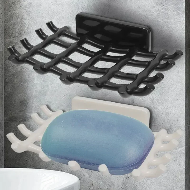 1Pc Wall Mounted Soap Bar Holder For Shower Self Adhesive Drain Soap Dish With Hooks Bathroom Kitchen Storage Rack Keep Soap Dry
