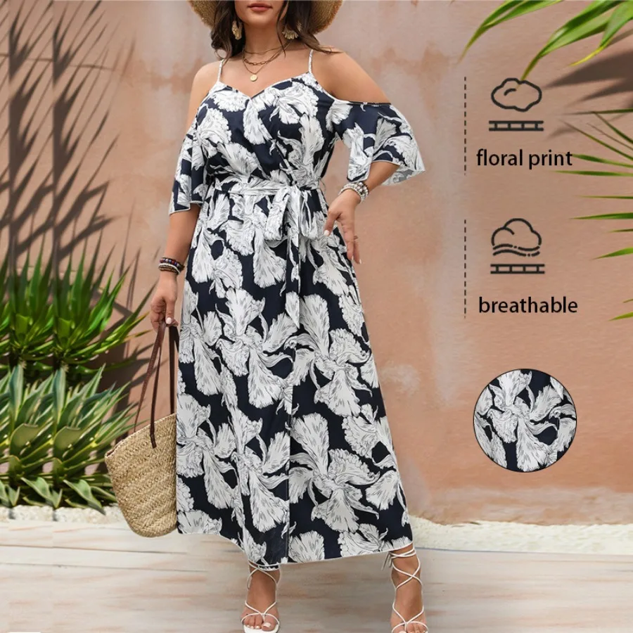 

【New style】Independent research and development and design spring and summer new printed holiday style dress with halter split