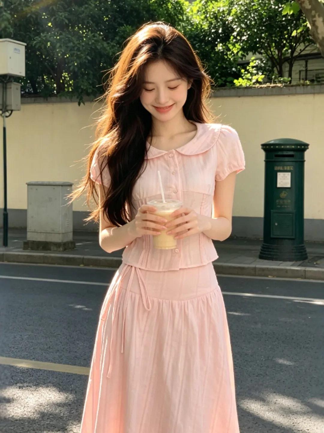 

Korean Style Pink Top And High Waist Skirt Two Piece Set Summer Fashionable Casual Wear Cotton Material Short Sleeve