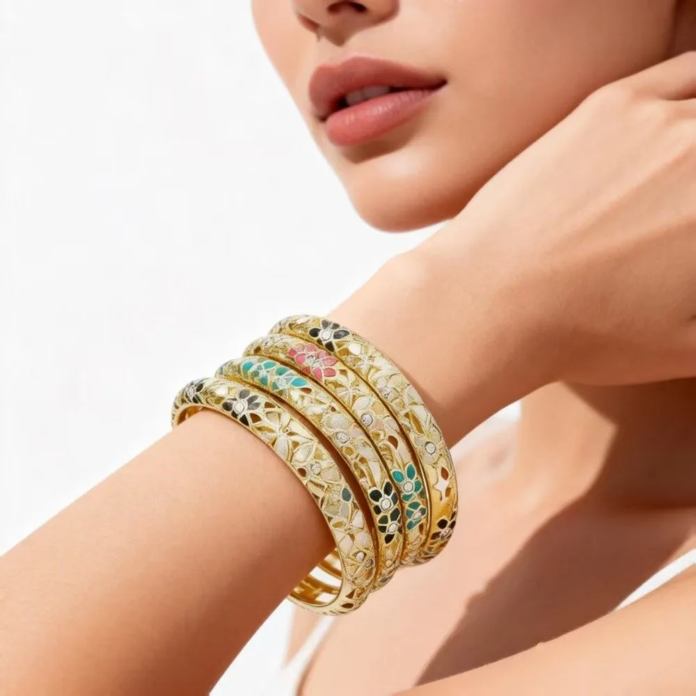 Dainty Colorful Vintage Cloisonne Bangle Enamel Traditional Flower Crystal Bangle Classic Open Cuff Women's Hand Bracelet Girls