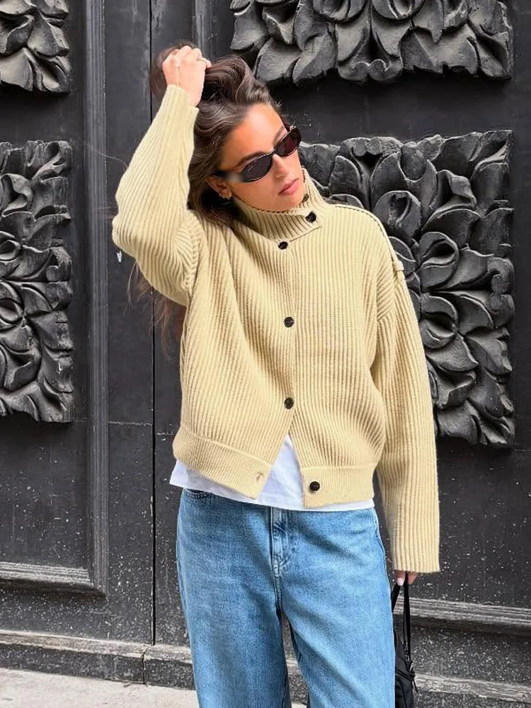 

HH Female Autumn Elegant Cardigans Women Turtleneck Knitted Cardigan Casual Single Breasted Textured Long Sleeve Short Top