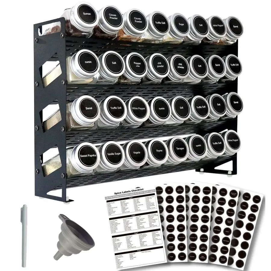 

Tier Spice Rack Organizer with 32 Square Spice Jars and 160 Spice Labels Set for Kitchen Cabinet Countertop Pantry or Wall Mount