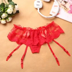 Women Crotchless Thong With Garter Hooks Cute Girly Bow Lace Sexy Lingerie Solid