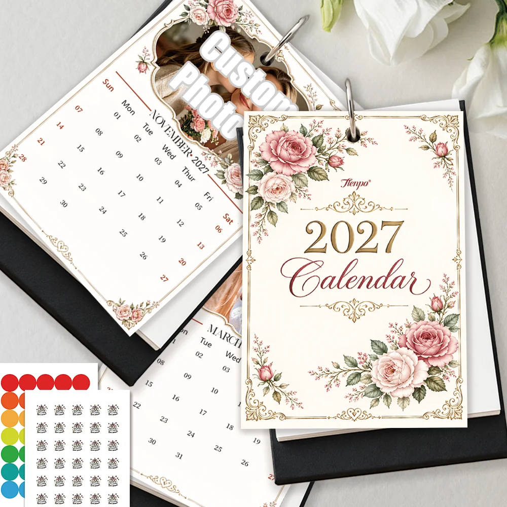 1pc 2027 Custom Photo Desk Calendar, Vintage Pink Rose Floral Table Calendar With Stickers, Birthday Christmas New Year Gift