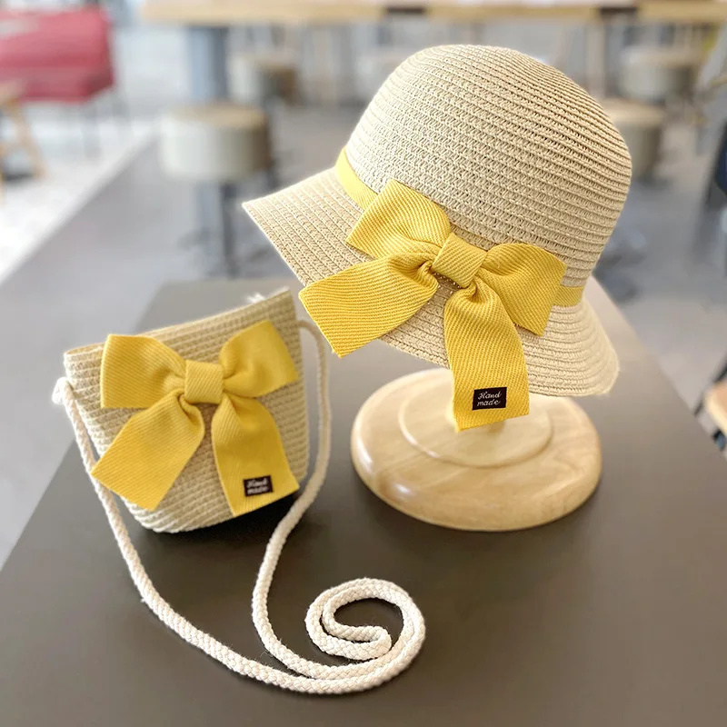 Summer Children Girl Bowknot Straw Hat With Bag Baby Sun Caps Kids Beach Panama Hat For Girls