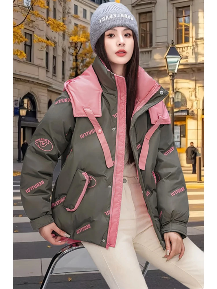 

Розовая утепленная хлопковая куртка с принтом для женщин, короткая, теплая, в корейском стиле, свободного кроя, зимняя модная верхняя одежда