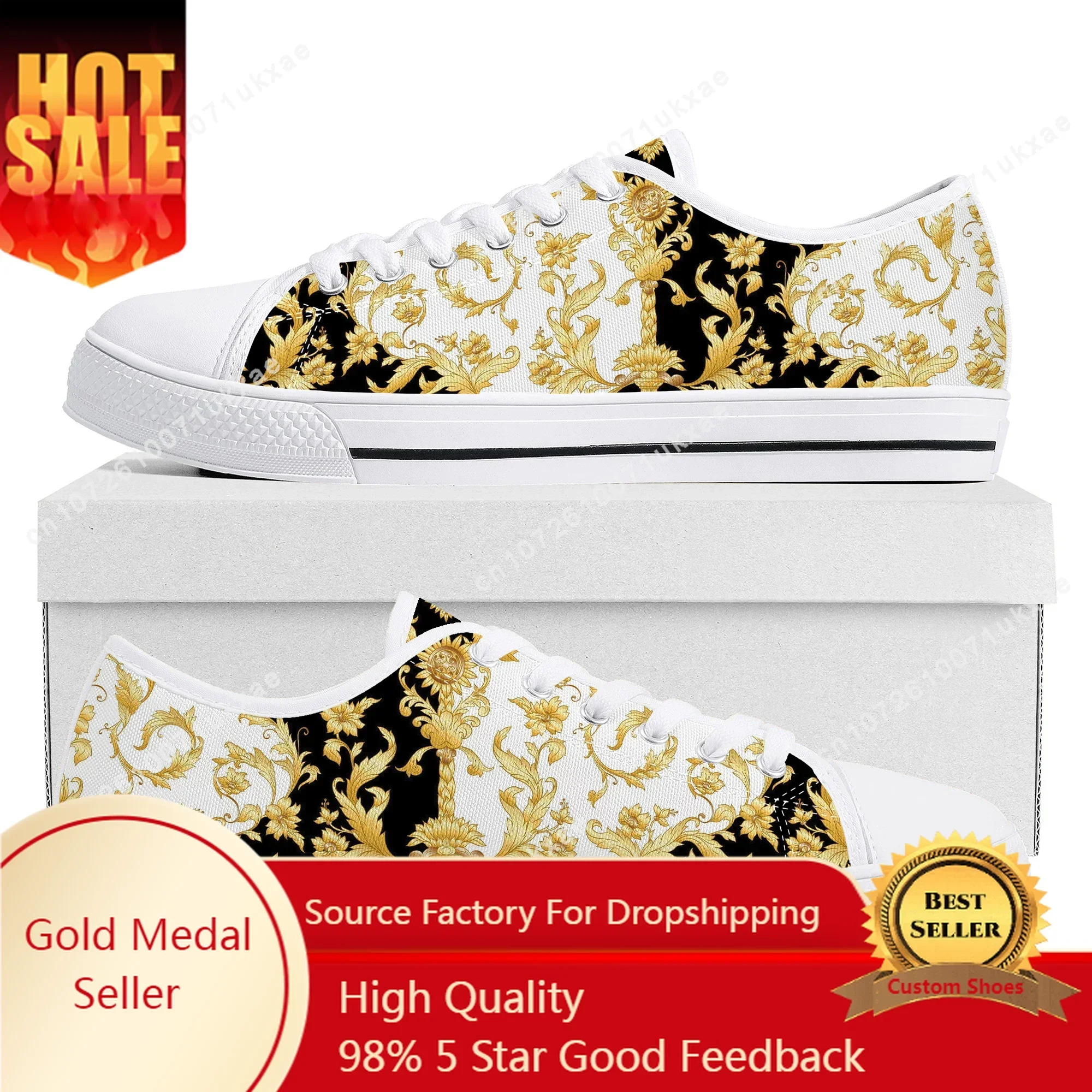 

Luxury Golden Floral Baroque Low Top Sneakers Mens Womens Teenager Canvas Sneaker couple Casual Shoes Custom Made DIY Shoe