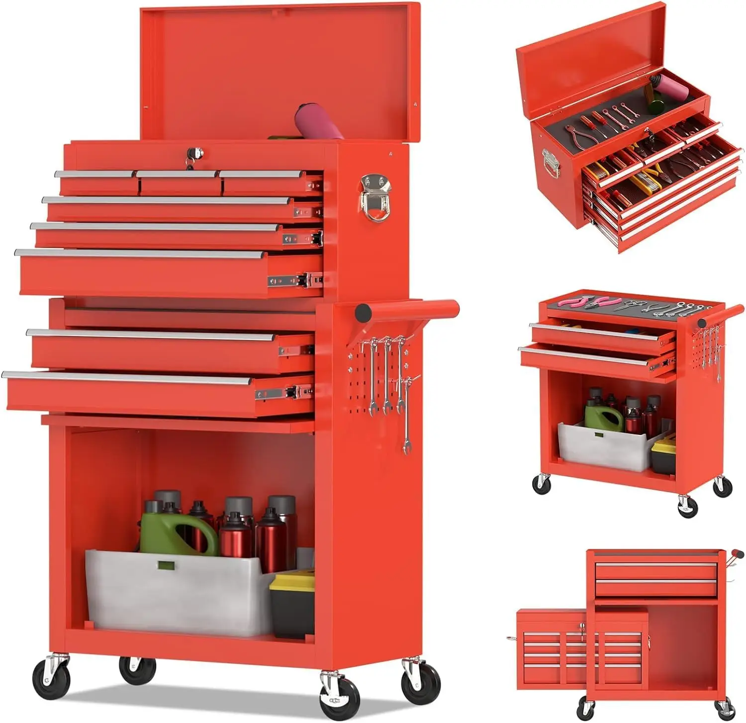 8 Drawer Tool Chest, High Capacity Tool Box with Lockable Wheels and Drawers, 2 in 1 Portable Toolbox Organizer Storage Cabinet