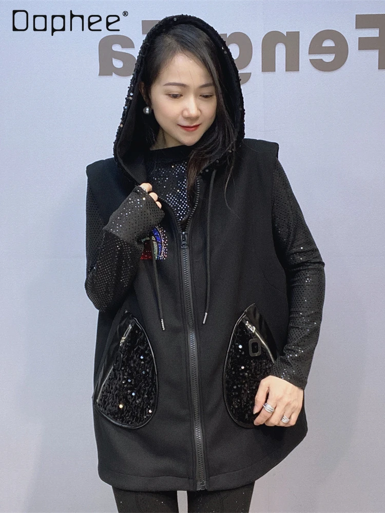 

Fashion Sequins Loose Hooded Cartoon Hot Diamond Vest Women 2024 Fall Winter New Fashion Chic High-end Mid Length Black Vest