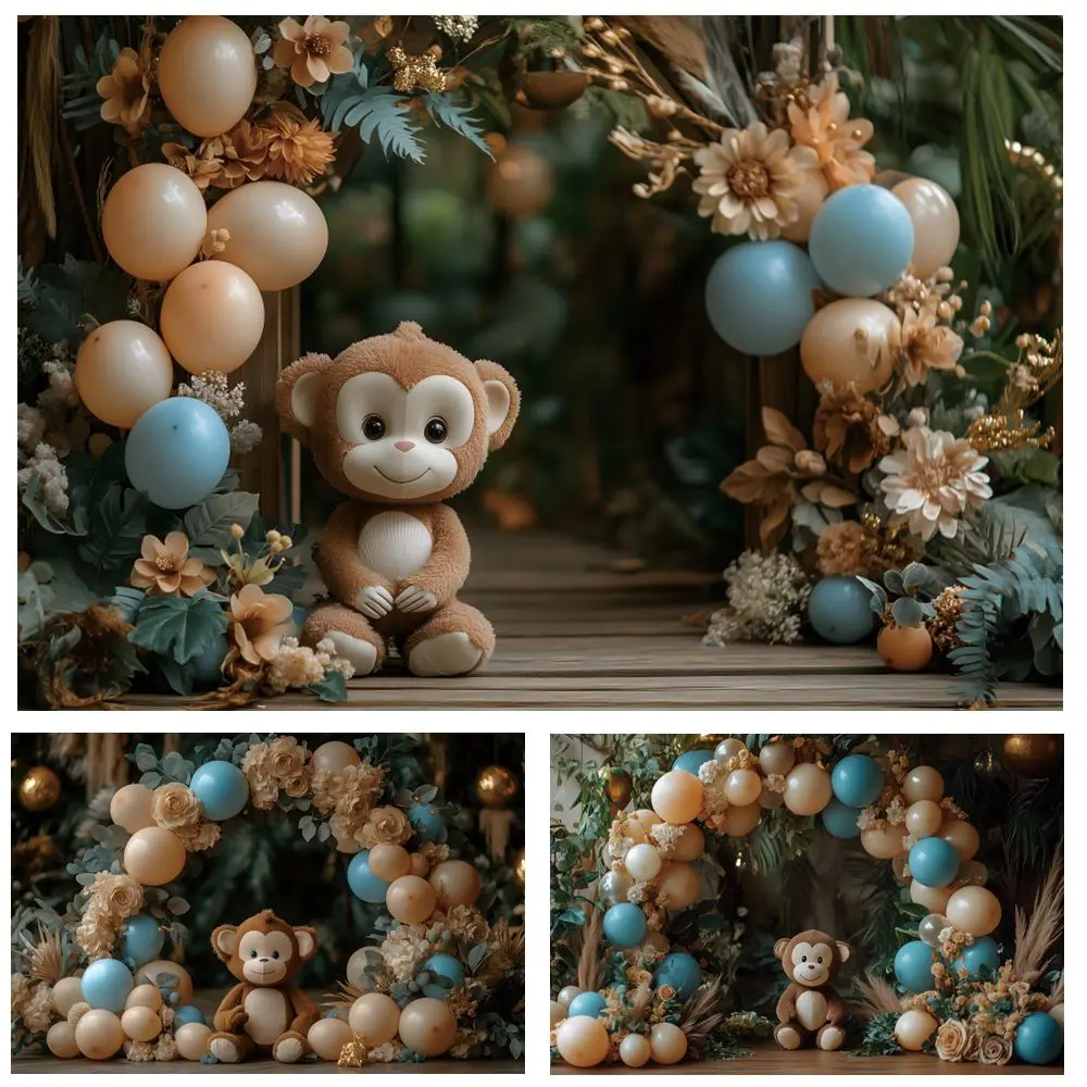 

Jungle Forest Cute Monkey Plant Flower Arch Balloons Backdrop Newborn Baby Shower Kids 1st Birthday Party Photography Background