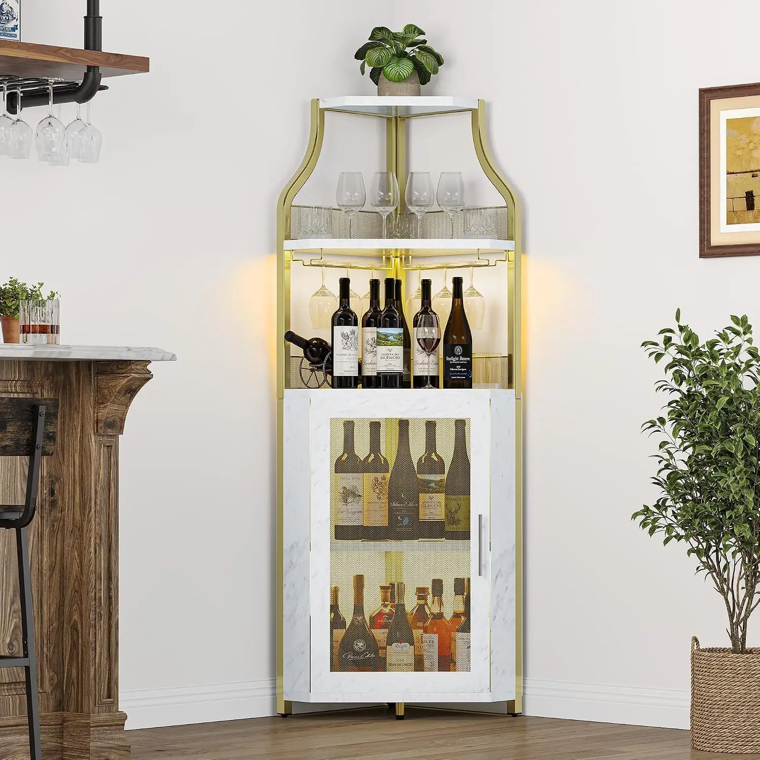 Corner Wine Cabinet LED Lights Glass Holder 5 Tier Modern Bar Storage Kitchen Living Dining Room Gold, Customized