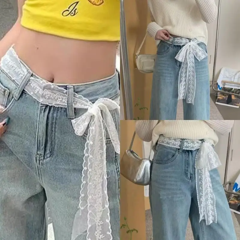 Y2k Long Lace Waistband Korean Style Floral Bow Waist Belt Tie Up Thin Dress Jeans Scarf Versatile Band Hair Accessories