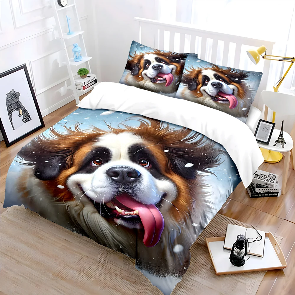 Playful Saint Bernard in snowy close-up Print Soft Comfortable Duvet Cover Bedding Set Included 1*Duvet Cover  2*Pillowcases