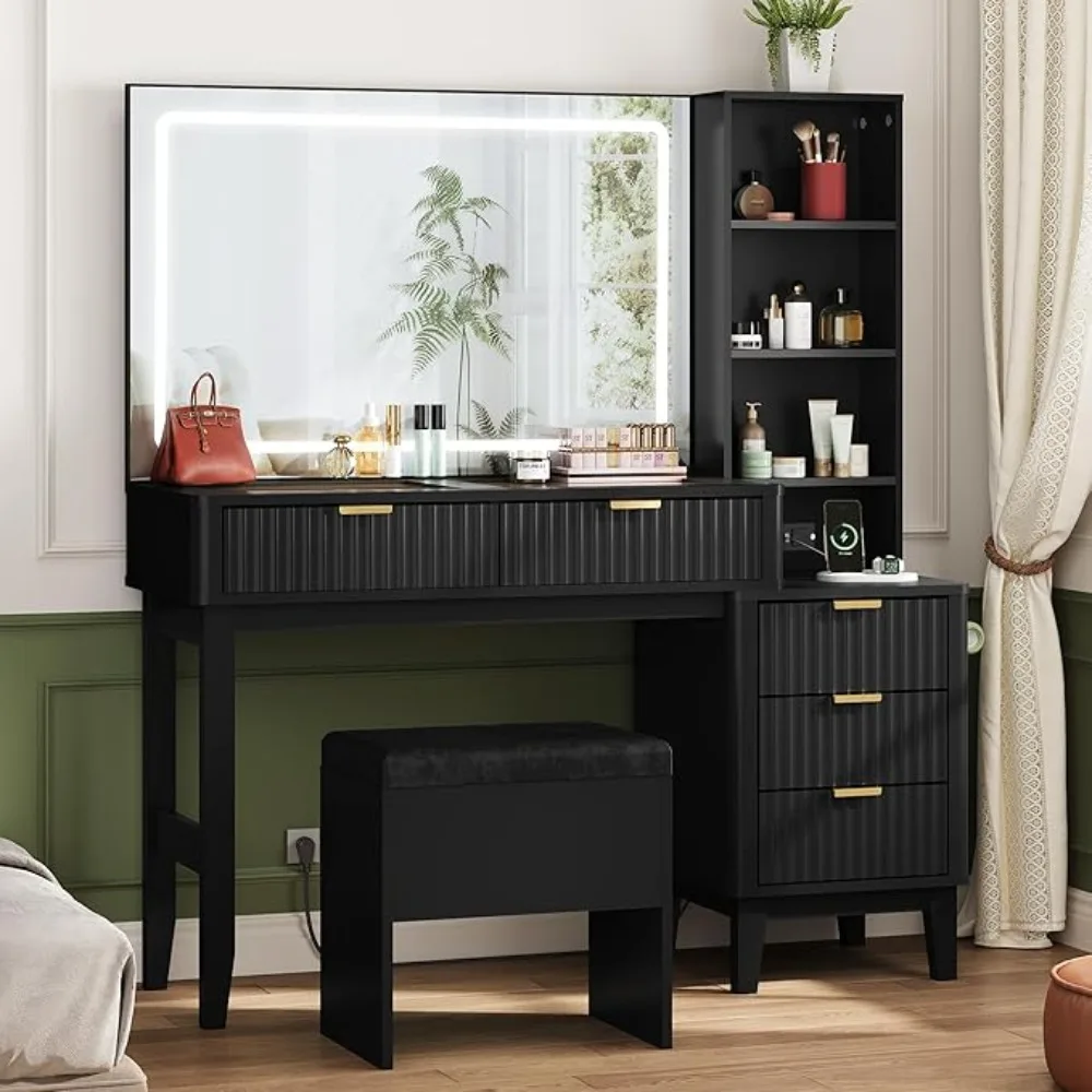 Vanity Table with Large LED Mirror & Charging Station – Luxury Makeup Vanity Desk with 5 Drawers, Glass Top and, Customized