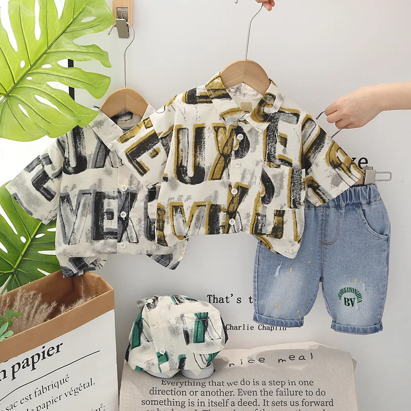 Western Baby Boys Boutique Clothing 2024 Korean Letter Printed Turn-down Collar Short Sleeve Shirts and Shorts Boy Outfit Set