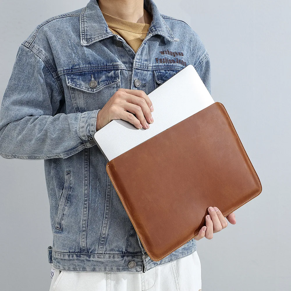 iPad Genuine Leather Computer Bag with Inner Compartment 13.3-inch 14.2-inch Horizontal Vertical Styles Top-Grade Co
