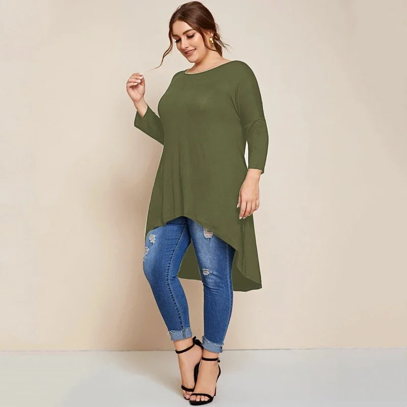 Plus Size Elegant Fashion Tops Women 3/4 Sleeve Solid Army Green Casual Hi Low T-shirt Summer Spring Long Tunics Blouse 5XL 6XL