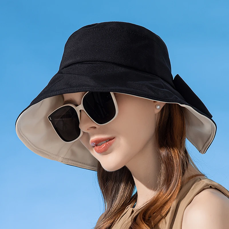 Xinbaoguan 100% polyester fiber summer outdoor dual color bow fisherman hat with sun shading and sun protection big brim hat