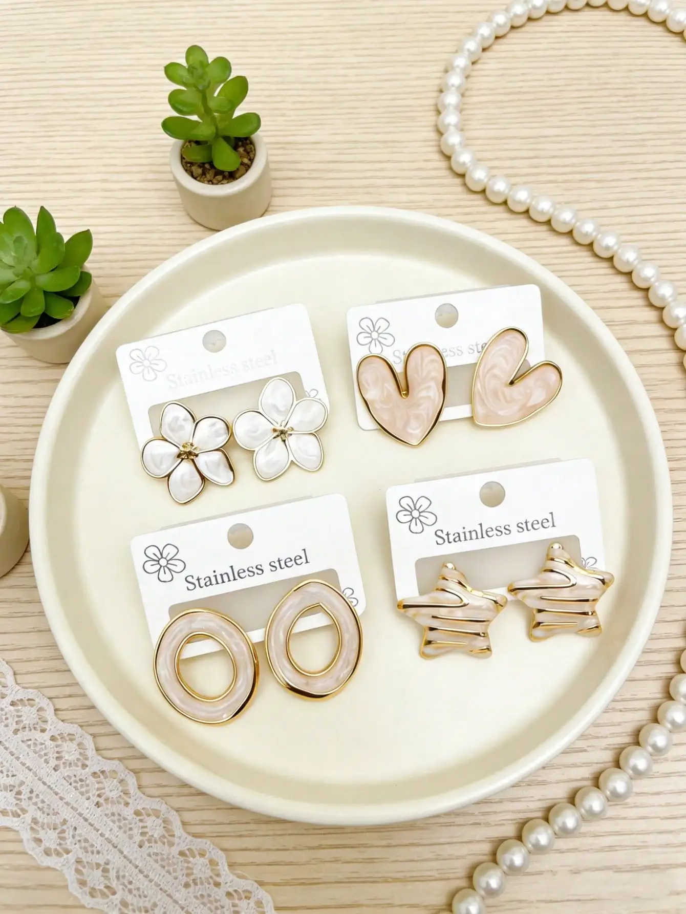 4 Pairs Stainless Steel Stud Earrings Set for Women Heart Flower Star Oval Pearl Texture Gold Color Hypoallergenic Jewelry Gift