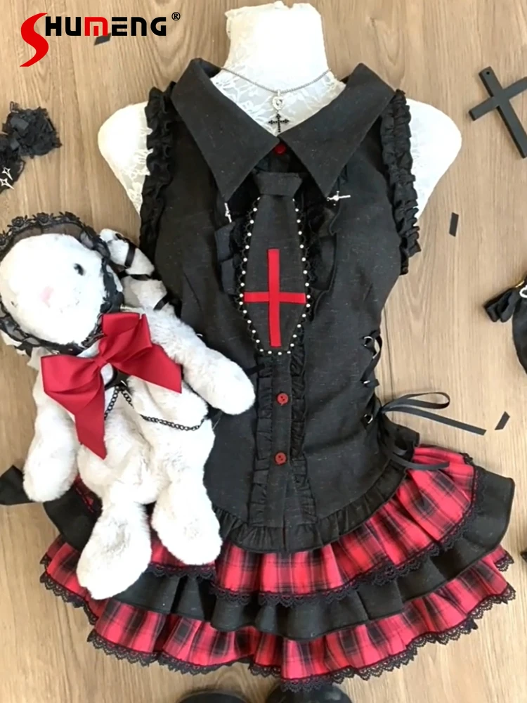 

Sweet Cool Girl Subculture Black Sleeveless Single-breasted Lace-up Tops Elastic High Waist Plaid Cake Skirt Two-piece Set Women