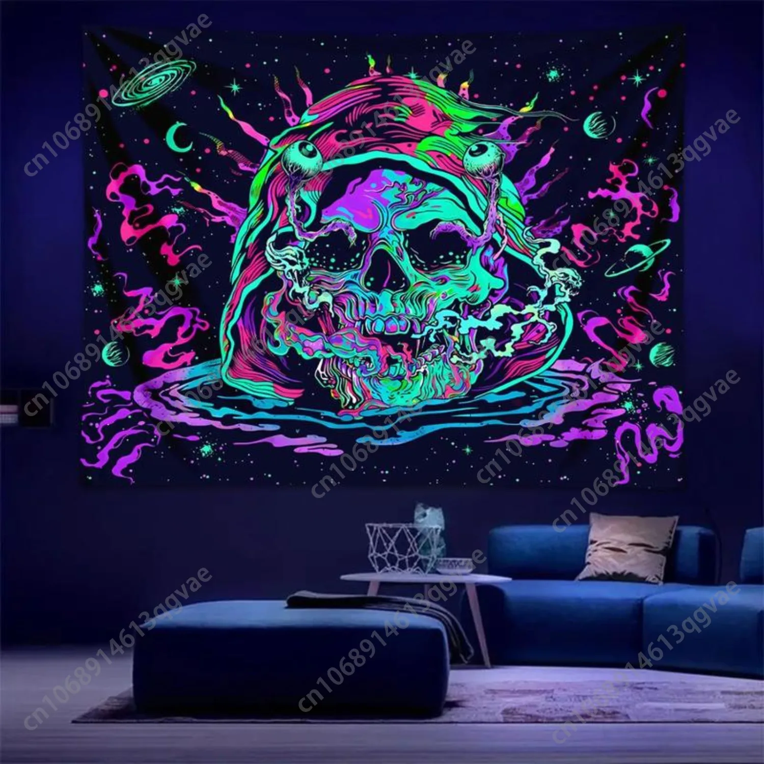 الجمجمة نمط نسيج الأشعة فوق البنفسجية استجابة الضوء الأسود نسيج الفضاء كوكب السماء المرصعة بالنجوم نسيج للمنزل غرفة نوم مخصص الديكور