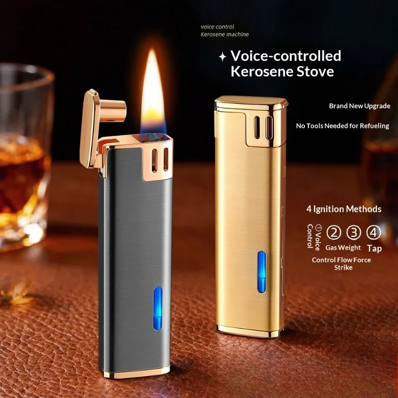 2026 Compact Metal Voice Ignition Windproof Kerosine Lighter Visual Oil Tank Outdoor Portable USB Electric Lighters Smoking Gift