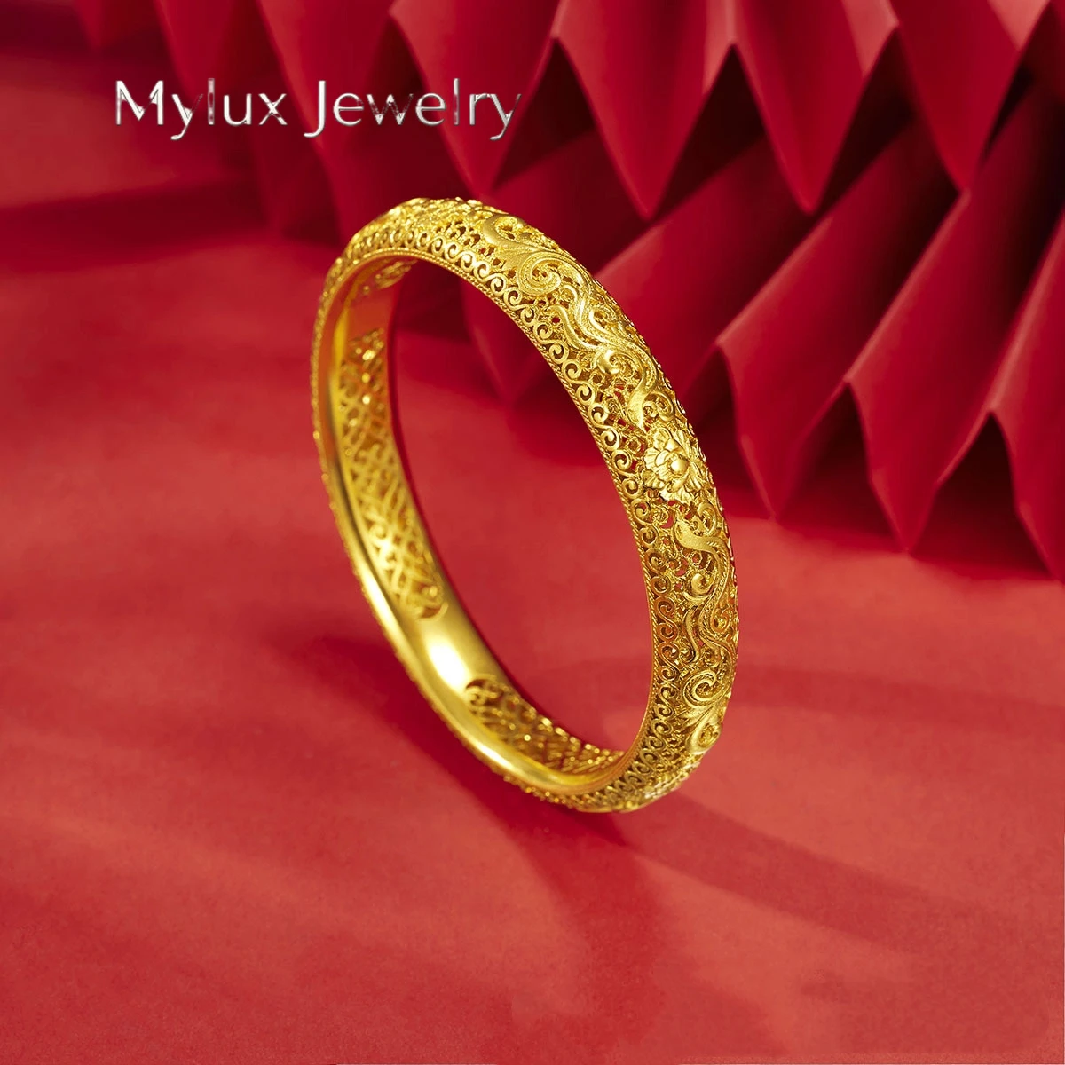 Mylux Jewelry Bride wedding 9999 24K real gold filigree hollow bracelet women's retro light luxury bracelet bracelet