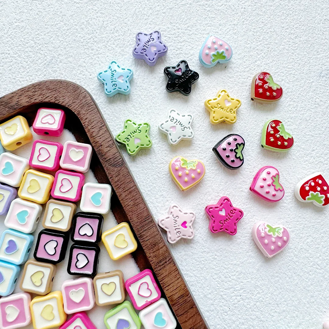 10pcs Macaroon Colour Cream Strawberry Star Love Beads Baked Paint Alloy Loose Spacer Beads For Jewelry Making DIY Accessories