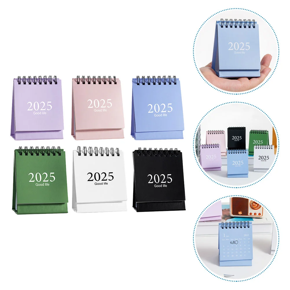 6 ชิ้น 2025 ปฏิทินตั้งโต๊ะ Weekly Planner บันทึกเวลารายปีดิจิตอลนาฬิกา Mini ตารางรายวันเหล็กยืนพลิก Office