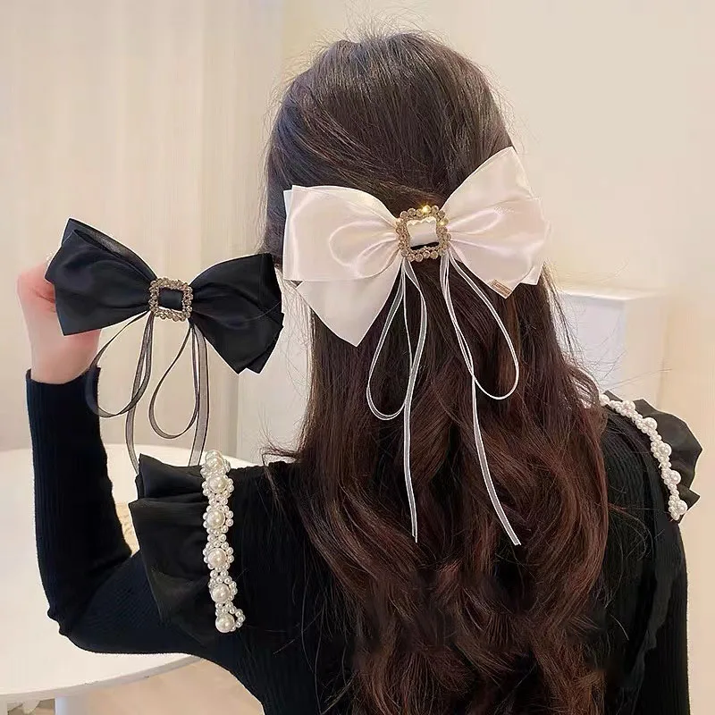 

Europe and America Vintage rhinestones Big Bow Hairpin for Women chiffon streamer Diamond-studded Barrette Fashion Accessories