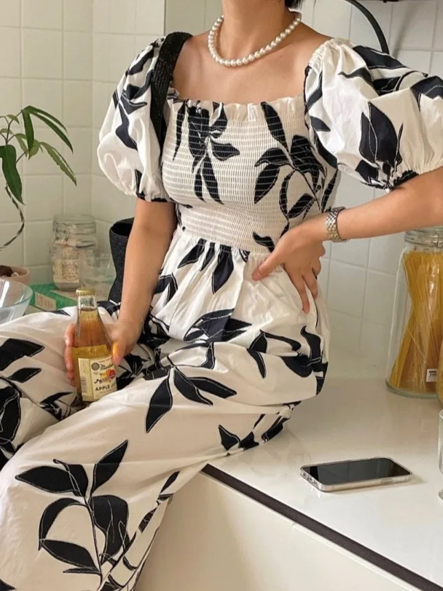 

Fashionable Summer Women's All-in-One Pants Bubble Sleeve Leaf Print Low Waist Korean Style Casual Pants Breathable Skin-Frie...