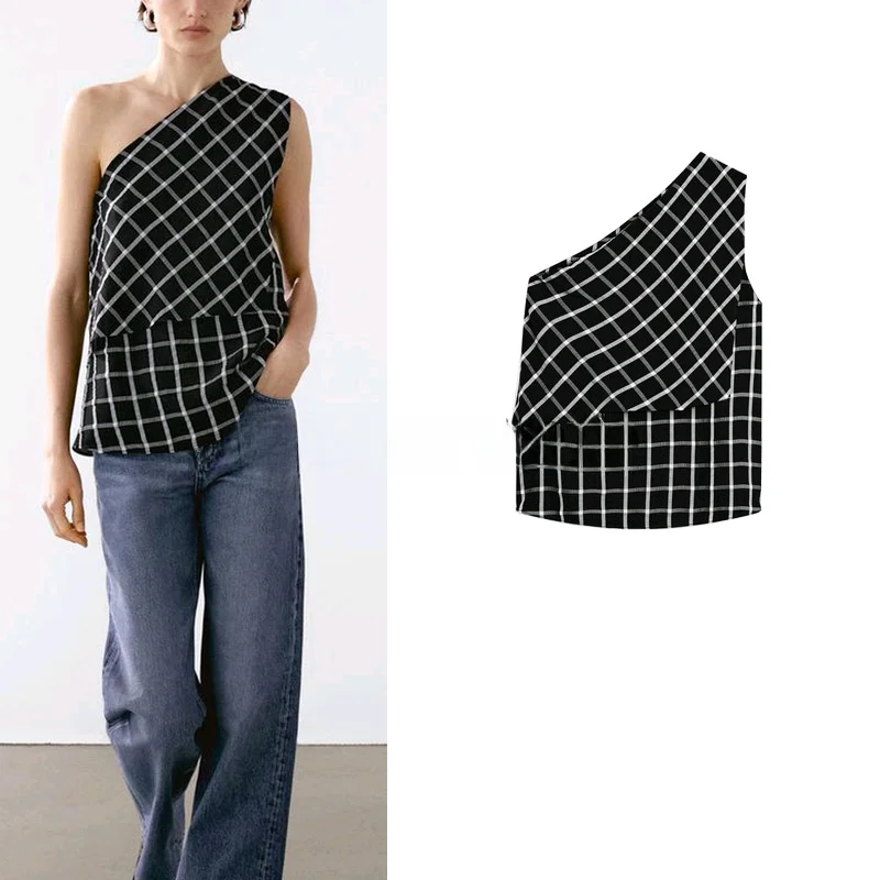 

Artistic Summer New Women's irt Bla White Cheered Asymmetrical oulder Svel Top Commute Sle Loose Fit Polyeste...