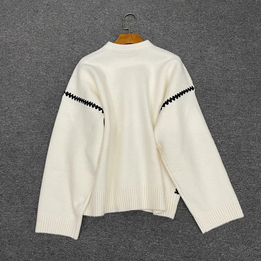 Withered High Quality Spring Casual Nordic Retro Wool Sweater Women Embroidered Round Neck Loose Contrast Knitted Pullover Top