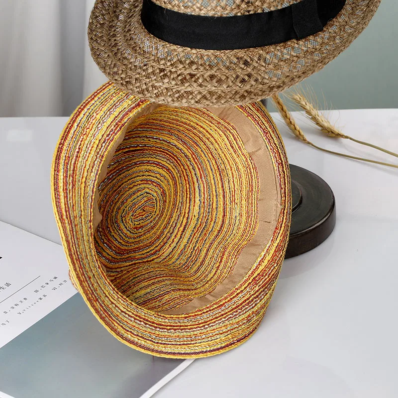 2022 NEW Natural Panama Soft Shaped Straw Hat Summer Women sun hats Men Beach Sun Cap UV Protection straw Felt hat rainbow  cap