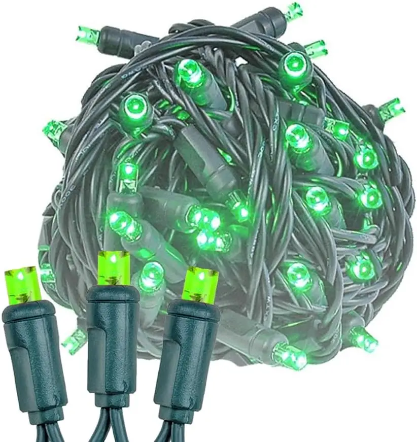 24-Pack, 25 Feet 50 LED Green Christmas Mini Light String on Green Wire, 5mm Wide Angle Bulbs, Connectable, Indoor/Outdoor