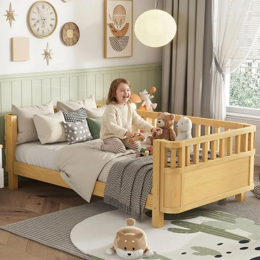 

Montessori Wood Twin Bed Frame with Removable Rails, Low to Ground, Suitable for Kids' Rooms, Natural Finish