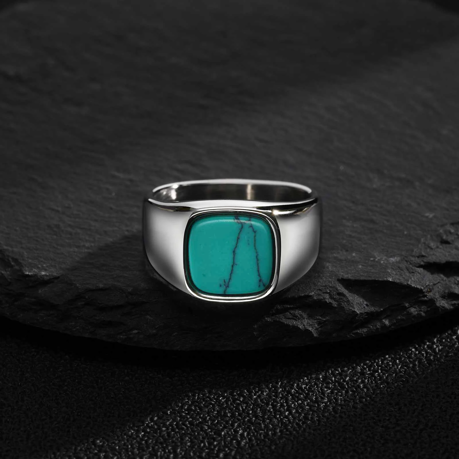 Vnox Herren-Siegelring mit Türkis-Stein, Retro Edelstahl Quadratischer Ovaler Fingerring, Western Vintage Punk Schmuck Geschenk für Männer – Detail 5