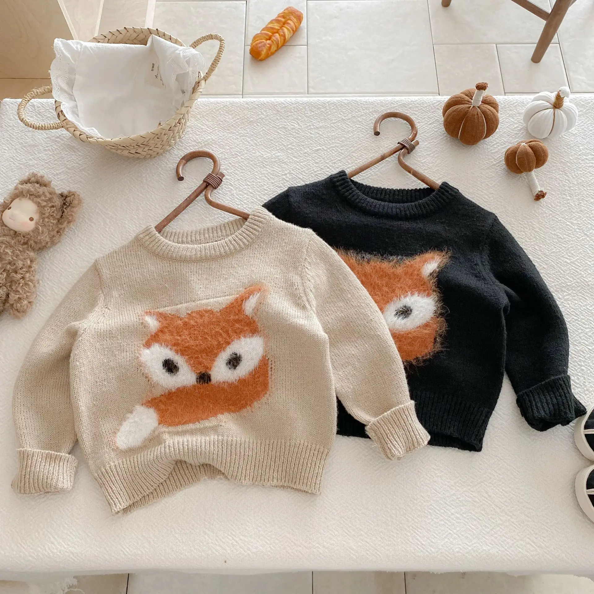 

2025 Autumn Winter Kids Knitted Sweater Unisex Cartoon Animal Print Warm Pullover Top Toddler Boys Girls Clothes Soft Cotton