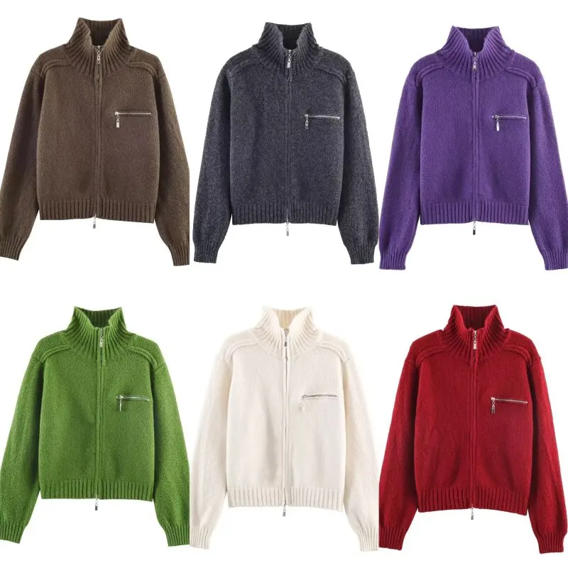

Женская осенне-зимняя вязаная куртка с двойной молнией и воротником-стойкой, нагрудным карманом, простой базовый свитер, пальто, повседневный свободный топ