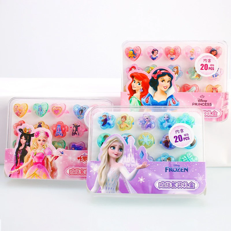 Bague Disney en PVC pour enfants, 20 pièces/boîte, personnage de dessin animé, princesse Elsa la reine des neiges, ensemble de bijoux pour bébé fille, jouet, cadeau d'anniversaire