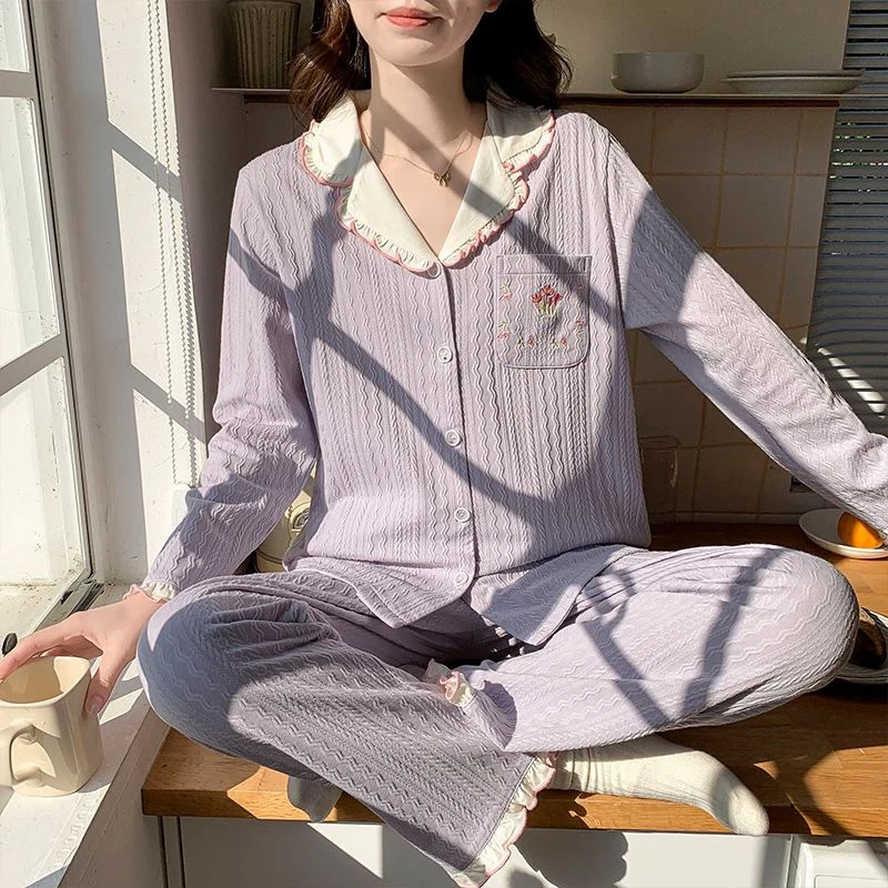 

2025 Spring Autumn Long Sleeve 100% Cotton Pajama Set for Women Korean Cute Sleepwear Pyjama Homewear Pijama Mujer Home Clothes