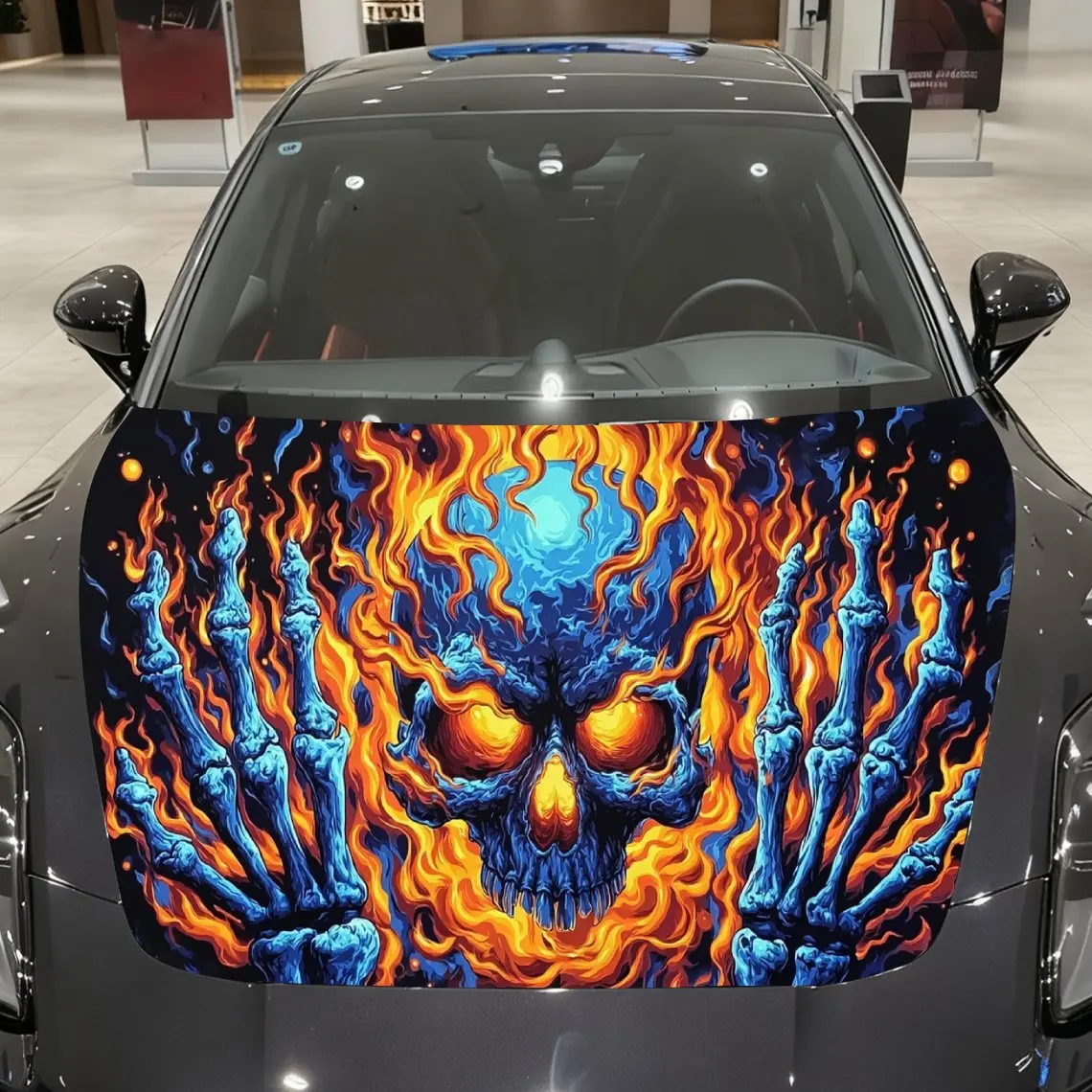 

Ice-Fire Purgatory Blue-flame Skull and Bone Hands Car Vinyl Wrap, PVC Material Waterproof Car Hood Sticker, Self-Adhesive Scrat