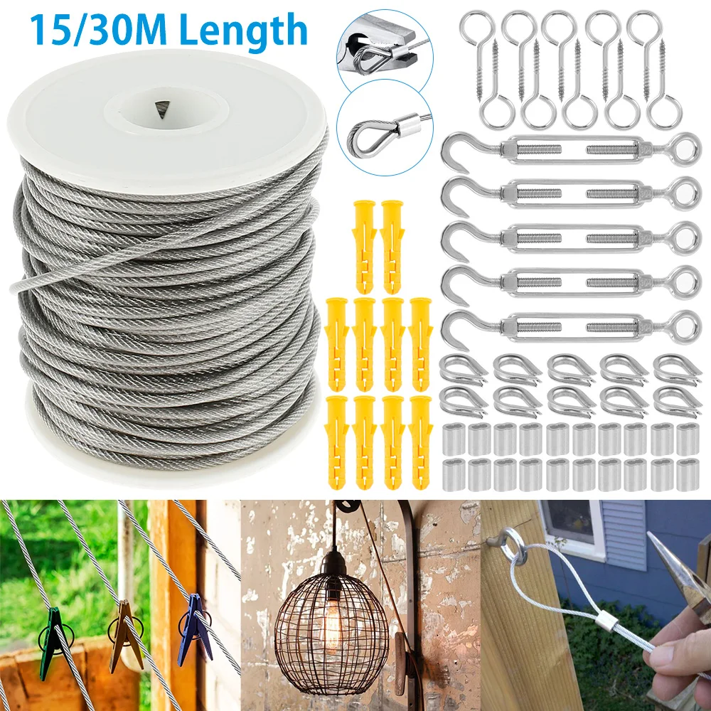 15M/30M Wire Cable Railing Kit Heavy Duty Screw Eye Screw Turnbuckle Wire Coated Cable Rope Outdoor Garden Hanging a Clothesline